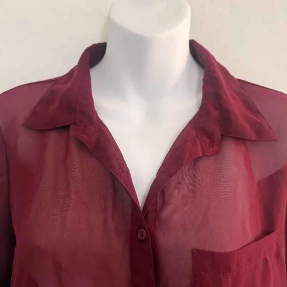 Full Tilt Sheer Burgundy Button-Down Blouse | Size M - Picture 4 of 10